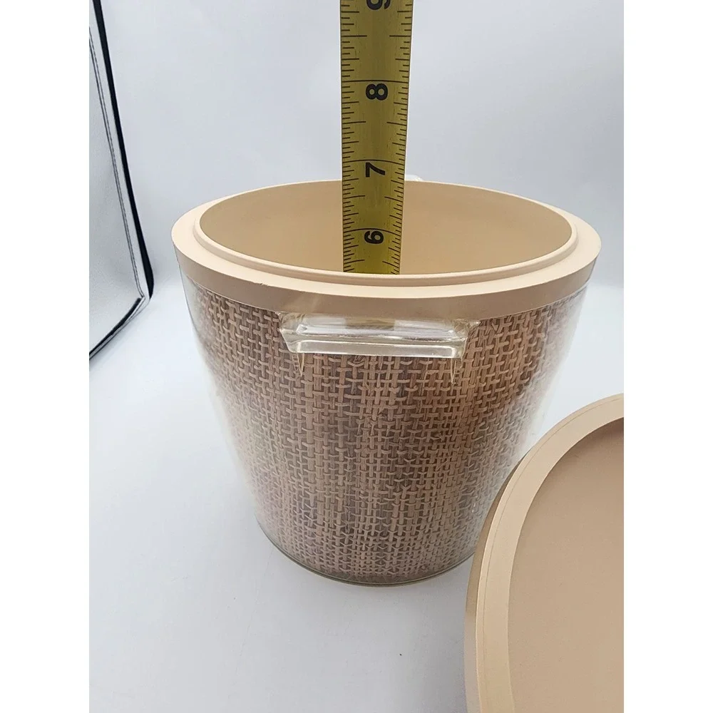 Vintage Mid Century Modern Insulated Ice Bucket Burlap Woven‎ Texture Tan Lid